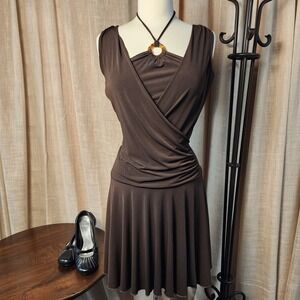 Y2K BCX Chocolate Brown Ring Halter Dress M Ruched Whimsigoth Made USA